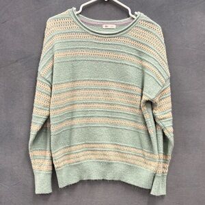 Women's OVLA Roll Neck Teal Green Beige Striped Sweater Preppy Soft Cottage
